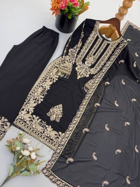 Alluring Black Faux Georgette Suit Set with Heavy Embroidery Sequins Work and Dupatta Ready To Wear Collection