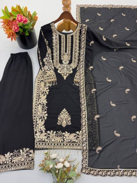 Alluring Black Faux Georgette Suit Set with Heavy Embroidery Sequins Work and Dupatta Ready To Wear Collection