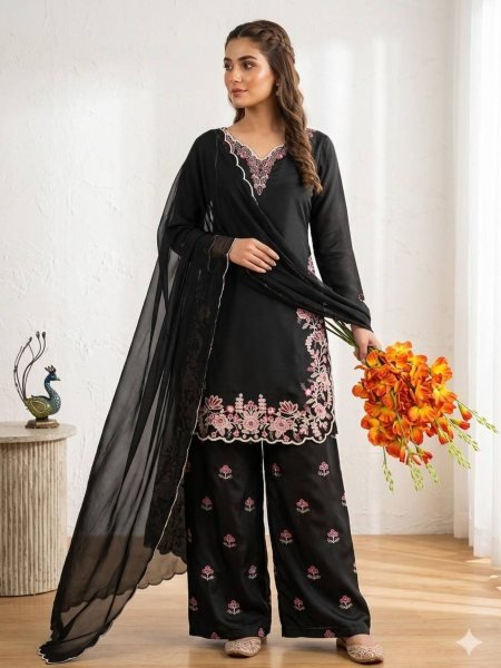Alluring Black French Crepe Designer Top Palazzo Set with Fancy Embroidered Dupatta Ready To Wear Suit