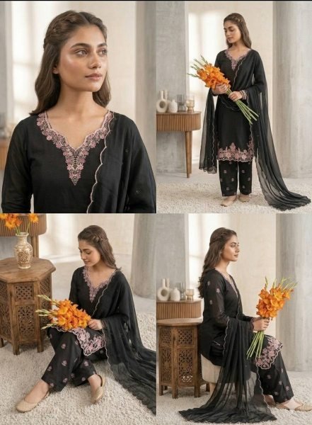 Alluring Black French Crepe Designer Top Palazzo Set with Fancy Embroidered Dupatta Ready To Wear Collection