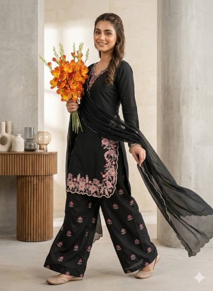 Alluring Black French Crepe Designer Top Palazzo Set with Fancy Embroidered Dupatta Ready To Wear Collection