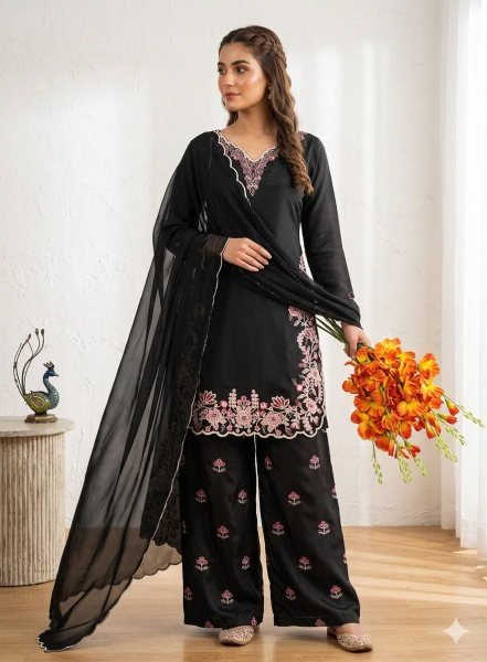 Alluring Black French Crepe Designer Top Palazzo Set with Fancy Embroidered Dupatta Ready To Wear Collection