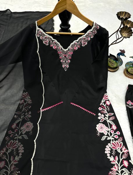 Alluring Black French Crepe Designer Top Palazzo Set with Fancy Embroidered Dupatta Ready To Wear Collection
