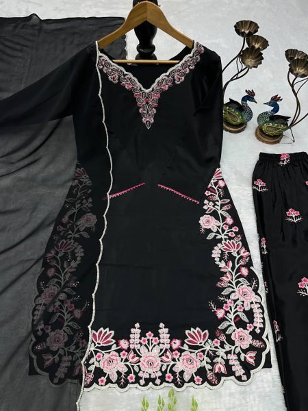 Alluring Black French Crepe Designer Top Palazzo Set with Fancy Embroidered Dupatta Ready To Wear Collection