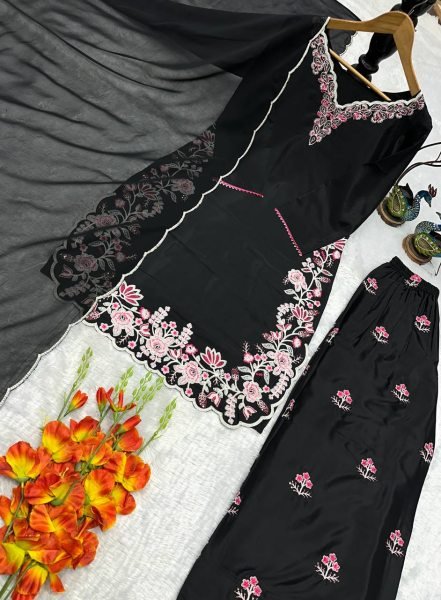 Alluring Black French Crepe Designer Top Palazzo Set with Fancy Embroidered Dupatta Ready To Wear Collection