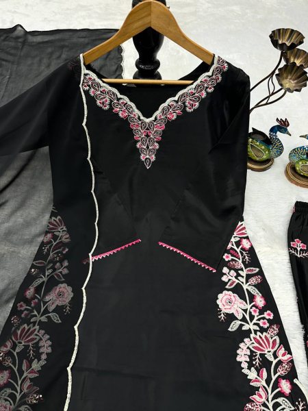 Alluring Black French Crepe Designer Top Palazzo Set with Fancy Embroidered Dupatta Ready To Wear Collection