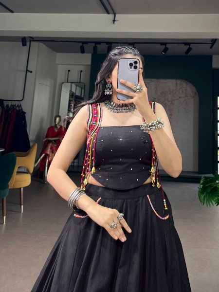 Alluring Black Pure Cotton Lehenga with Mirror Work and Kutchi Lace for Navrati Wear Navratri Lehnega Choli