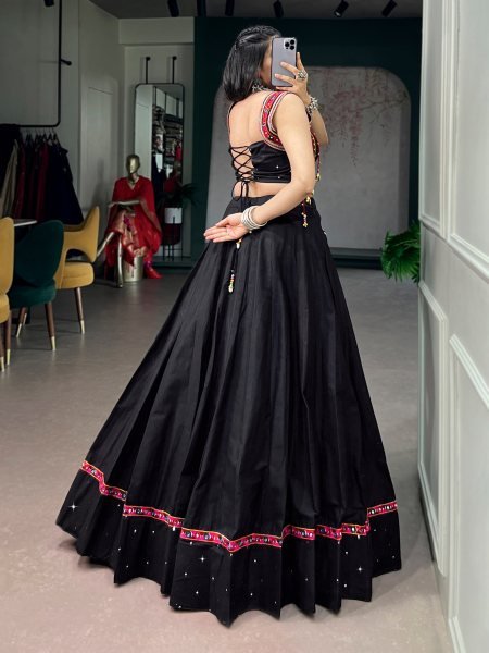 Alluring Black Pure Cotton Lehenga with Mirror Work and Kutchi Lace for Navrati Wear Navratri Lehnega Choli