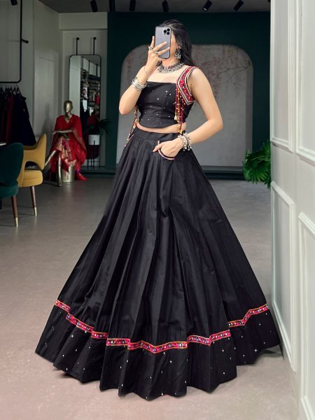 Alluring Black Pure Cotton Lehenga with Mirror Work and Kutchi Lace for Navrati Wear Navratri Lehnega Choli
