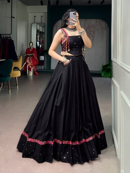 Alluring Black Pure Cotton Lehenga with Mirror Work and Kutchi Lace for Navrati Wear Navratri Lehnega Choli