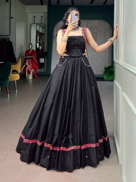 Alluring Black Pure Cotton Lehenga with Mirror Work and Kutchi Lace for Navrati Wear Navratri Lehnega Choli