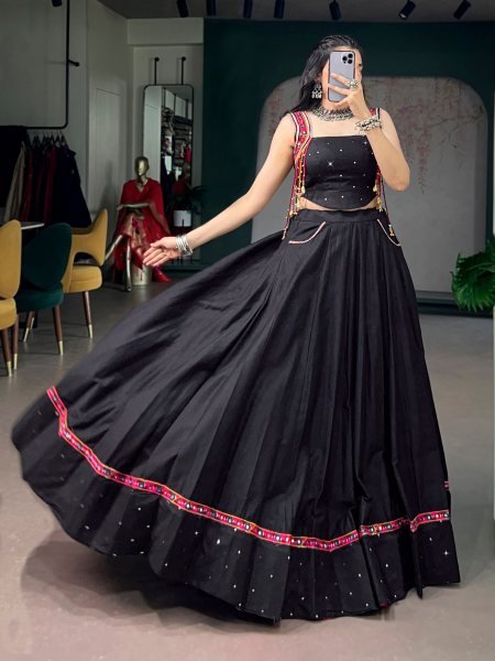 Alluring Black Pure Cotton Lehenga with Mirror Work and Kutchi Lace for Navrati Wear Navratri Lehnega Choli