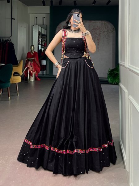Alluring Black Pure Cotton Lehenga with Mirror Work and Kutchi Lace for Navrati Wear Navratri Lehnega Choli