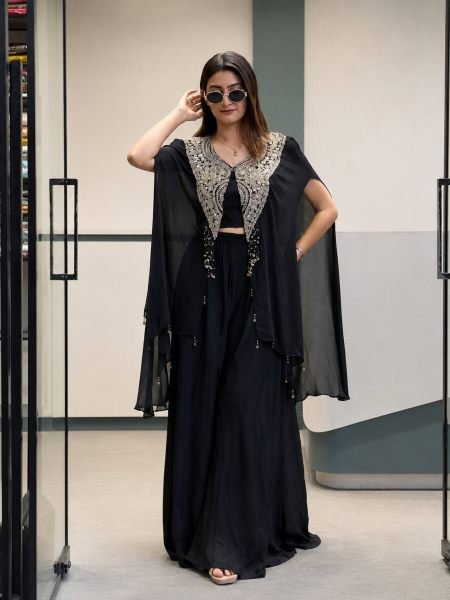 Alluring Black Star Georgette Indo Western Set with Sequins Zari Embroidery For Festival 