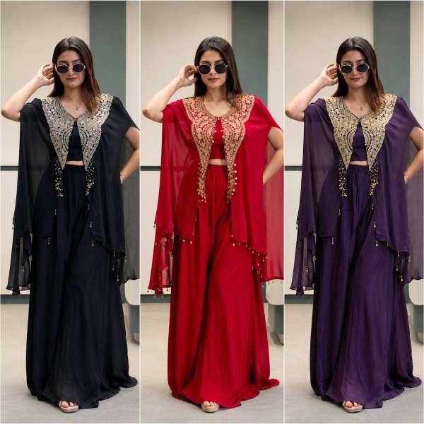 Alluring Black Star Georgette Indo Western Set with Sequins Zari Embroidery For Festival Ready To Wear Collection
