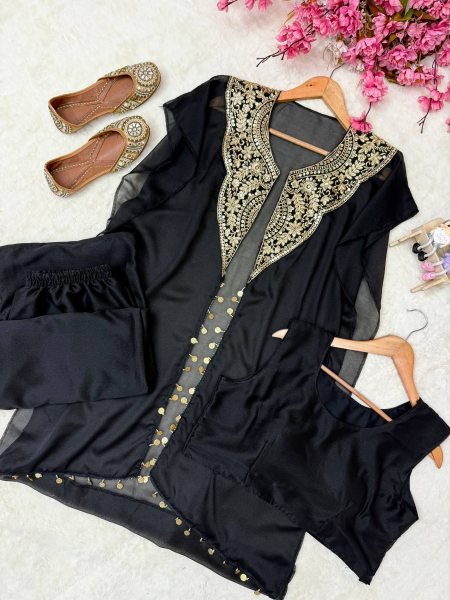 Alluring Black Star Georgette Indo Western Set with Sequins Zari Embroidery For Festival Ready To Wear Collection