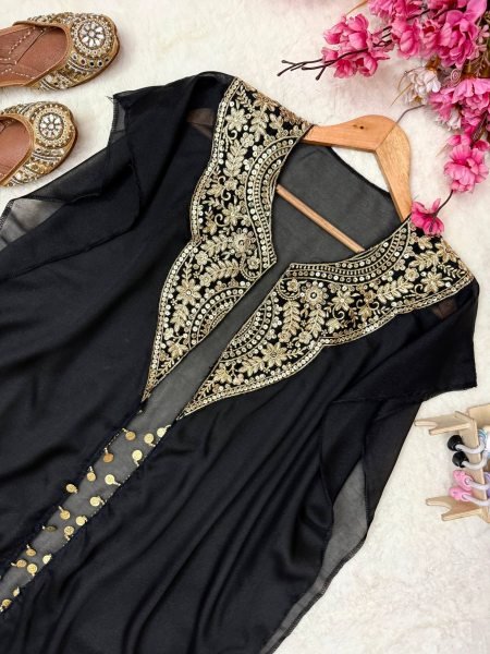 Alluring Black Star Georgette Indo Western Set with Sequins Zari Embroidery For Festival Ready To Wear Collection