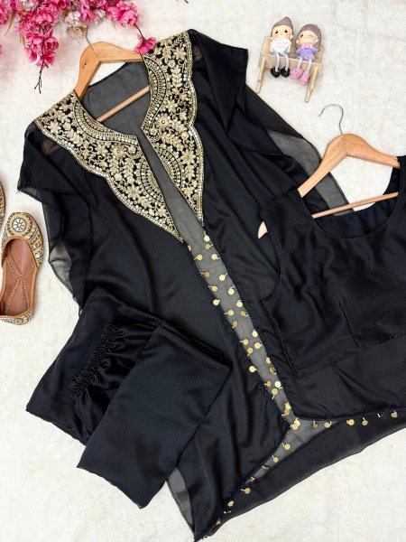 Alluring Black Star Georgette Indo Western Set with Sequins Zari Embroidery For Festival Ready To Wear Collection