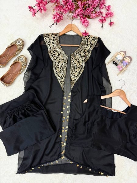 Alluring Black Star Georgette Indo Western Set with Sequins Zari Embroidery For Festival Ready To Wear Collection