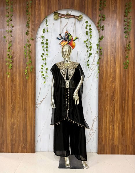 Alluring Black Star Georgette Indo Western Set with Sequins Zari Embroidery For Festival Ready To Wear Collection