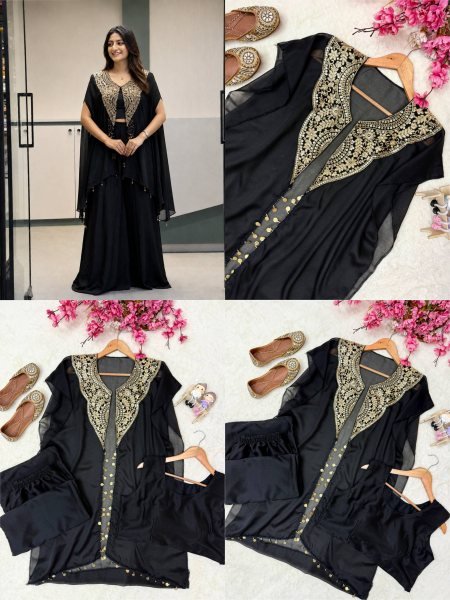 Alluring Black Star Georgette Indo Western Set with Sequins Zari Embroidery For Festival Ready To Wear Collection
