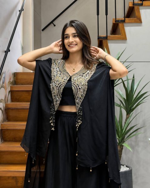 Alluring Black Star Georgette Indo Western Set with Sequins Zari Embroidery For Festival Ready To Wear Collection