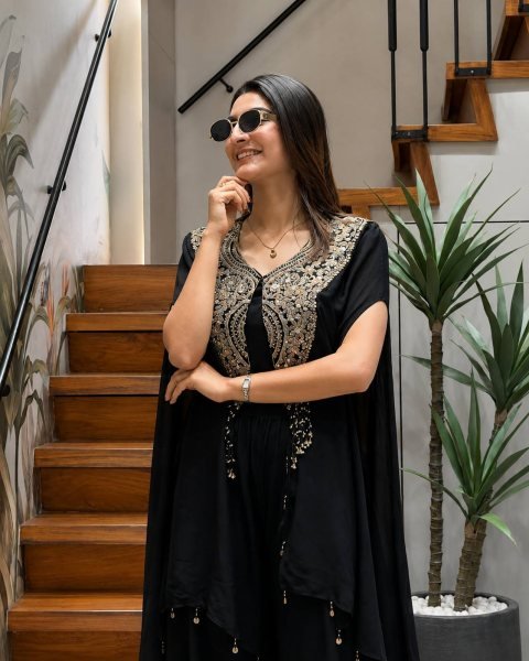 Alluring Black Star Georgette Indo Western Set with Sequins Zari Embroidery For Festival Ready To Wear Collection