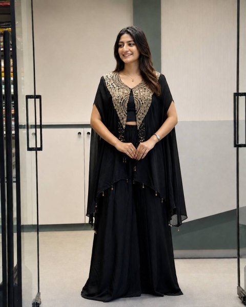 Alluring Black Star Georgette Indo Western Set with Sequins Zari Embroidery For Festival Ready To Wear Collection