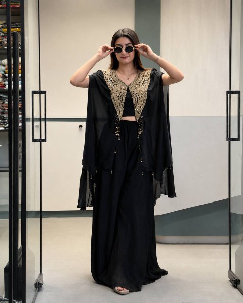 Alluring Black Star Georgette Indo Western Set with Sequins Zari Embroidery For Festival Ready To Wear Collection