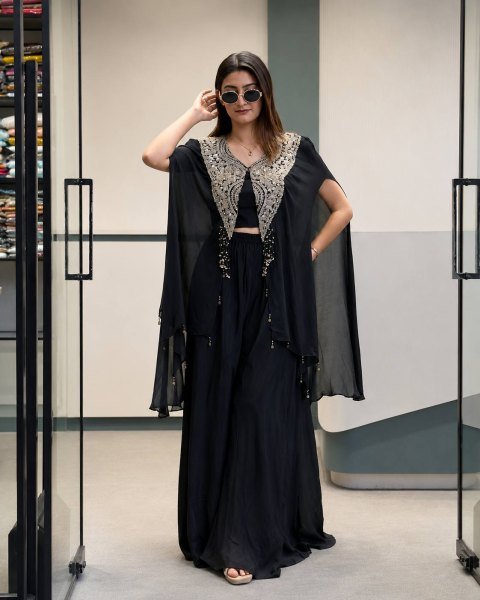 Alluring Black Star Georgette Indo Western Set with Sequins Zari Embroidery For Festival Ready To Wear Collection