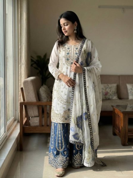 Alluring Blue Boutique Collection Designer Palazzo Suit at Wholesale Rate Ready To Wear Collection