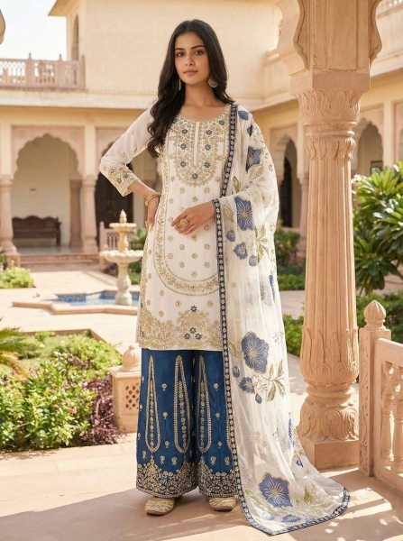 Alluring Blue Boutique Collection Designer Palazzo Suit at Wholesale Rate Ready To Wear Collection