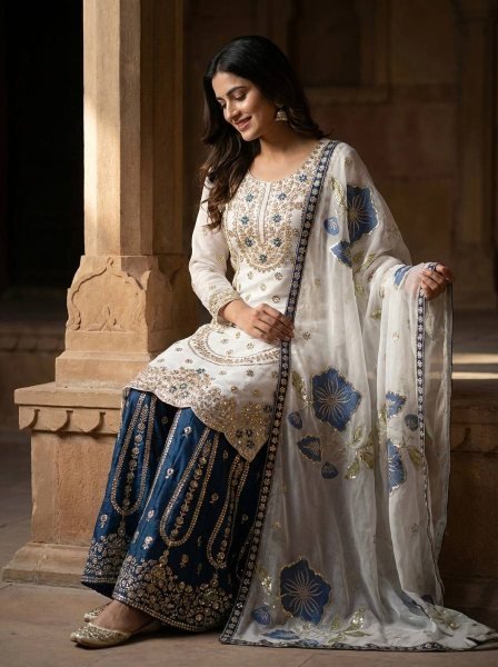 Alluring Blue Boutique Collection Designer Palazzo Suit at Wholesale Rate Ready To Wear Collection