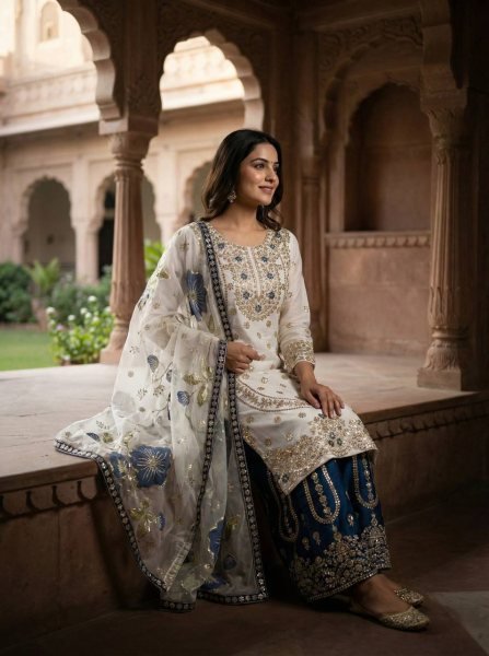 Alluring Blue Boutique Collection Designer Palazzo Suit at Wholesale Rate Ready To Wear Collection