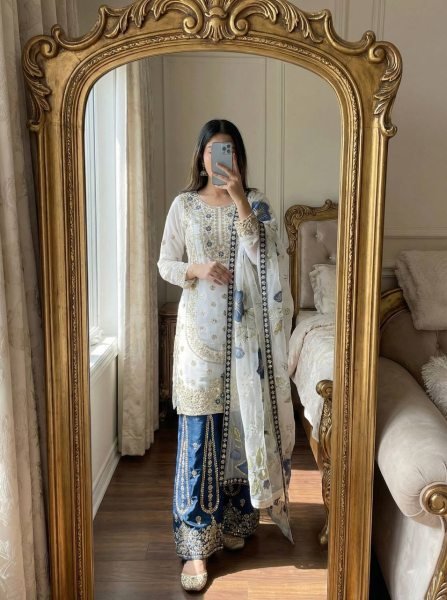 Alluring Blue Boutique Collection Designer Palazzo Suit at Wholesale Rate Ready To Wear Collection