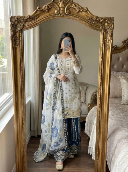 Alluring Blue Boutique Collection Designer Palazzo Suit at Wholesale Rate Ready To Wear Collection