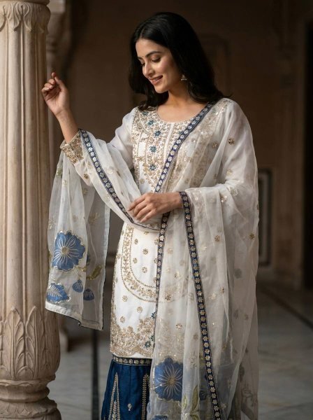 Alluring Blue Boutique Collection Designer Palazzo Suit at Wholesale Rate Ready To Wear Collection