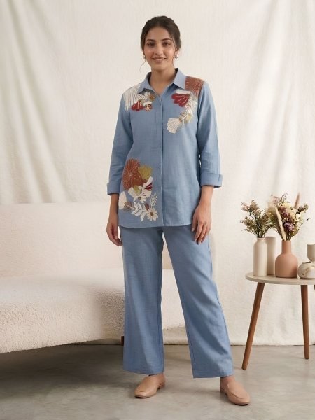 Alluring Blue Cotton Denim Co Ord Set with Sequence Embroidery For Daily Wear 