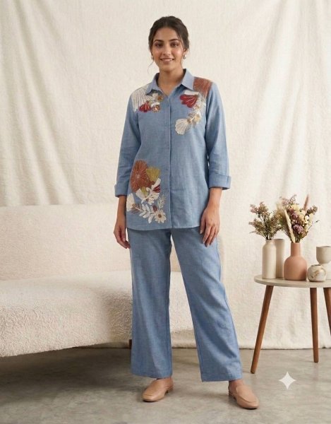 Alluring Blue Cotton Denim Co Ord Set with Sequence Embroidery For Daily Wear CO ORD Sets