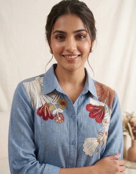 Alluring Blue Cotton Denim Co Ord Set with Sequence Embroidery For Daily Wear CO ORD Sets
