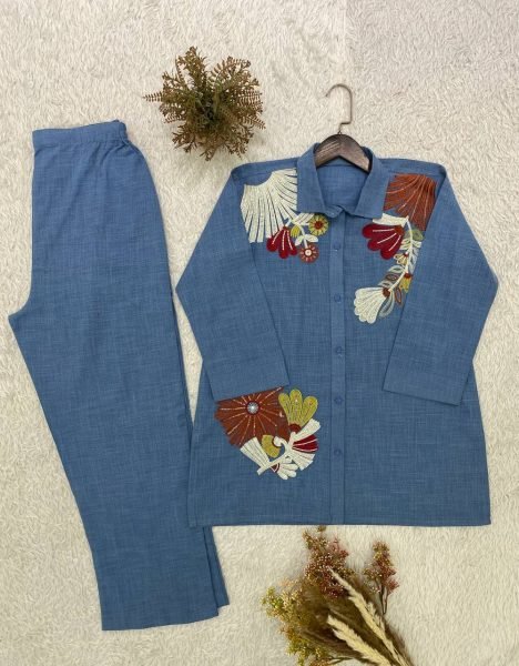 Alluring Blue Cotton Denim Co Ord Set with Sequence Embroidery For Daily Wear CO ORD Sets