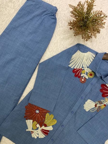 Alluring Blue Cotton Denim Co Ord Set with Sequence Embroidery For Daily Wear CO ORD Sets