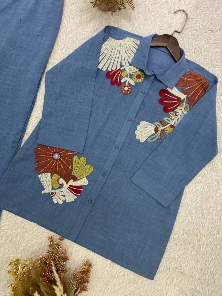 Alluring Blue Cotton Denim Co Ord Set with Sequence Embroidery For Daily Wear CO ORD Sets