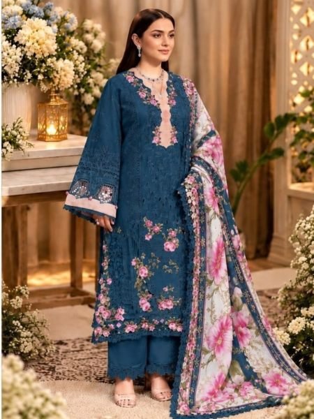 Alluring Blue Designer Cotton Embroidery Suit with Maslin Cotton Dupatta 