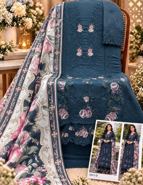 Alluring Blue Designer Cotton Embroidery Suit with Maslin Cotton Dupatta Pakistani Suits Wholesale