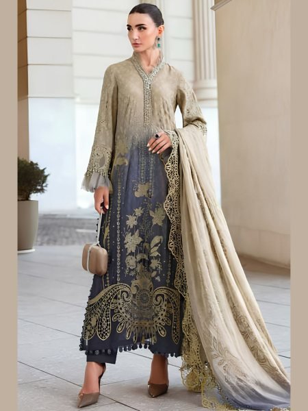 Alluring Blue Lawn Cotton Salwar Suit with Pearl Embroidery and Lace Dupatta 