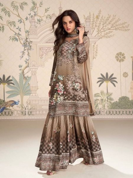 Alluring Brown Chinon Silk Sharara Set for International Buyers at Manufacturer Rate Ready To Wear Suit