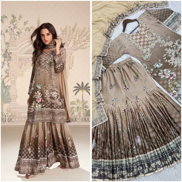Alluring Brown Chinon Silk Sharara Set for International Buyers at Manufacturer Rate Ready To Wear Collection