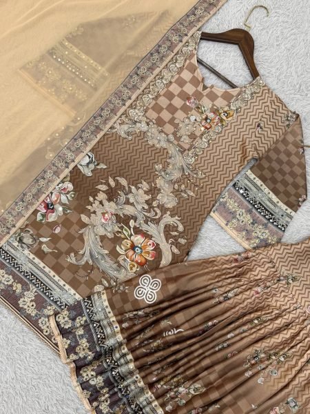 Alluring Brown Chinon Silk Sharara Set for International Buyers at Manufacturer Rate Ready To Wear Collection
