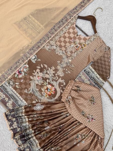 Alluring Brown Chinon Silk Sharara Set for International Buyers at Manufacturer Rate Ready To Wear Collection